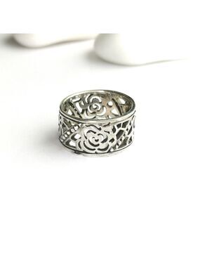 Sterling Silver filigree Tudor Rose Flower Garden band ring 🆕